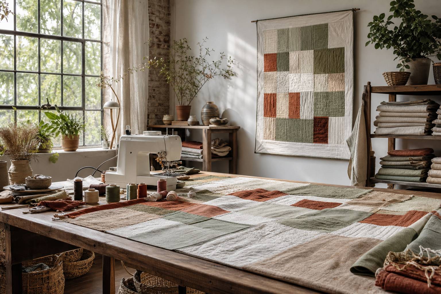 Atelier d artiste textile avec fils de couleurs tissus et quilt en cours de creation
