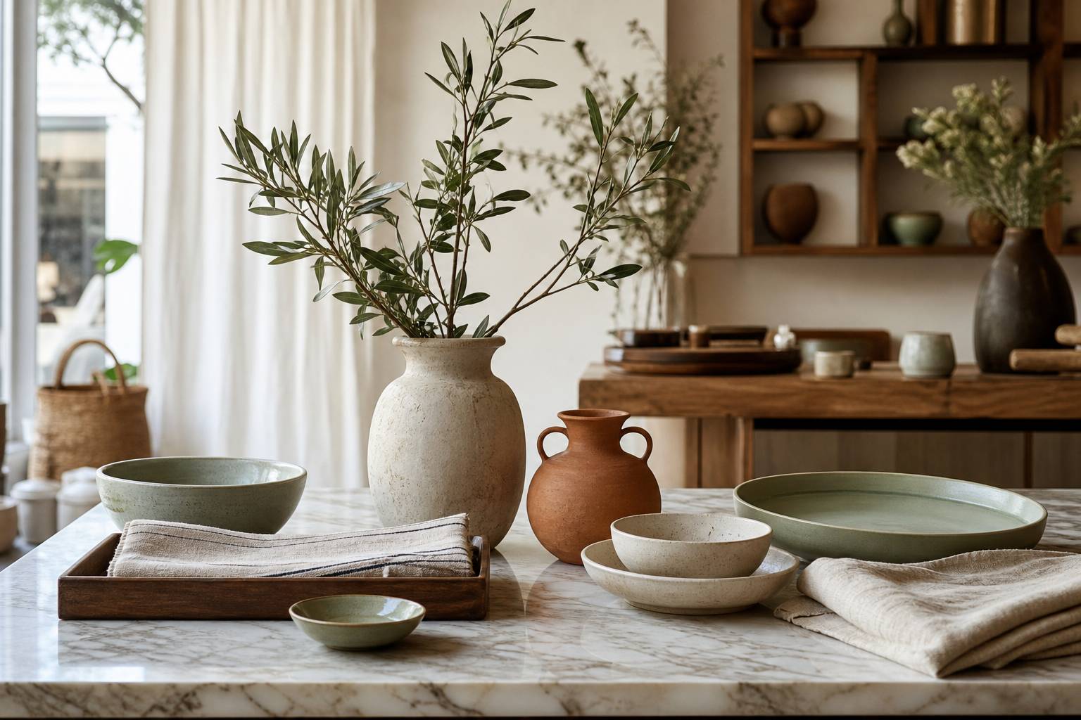 Objets de decoration artisanale sur comptoir en marbre