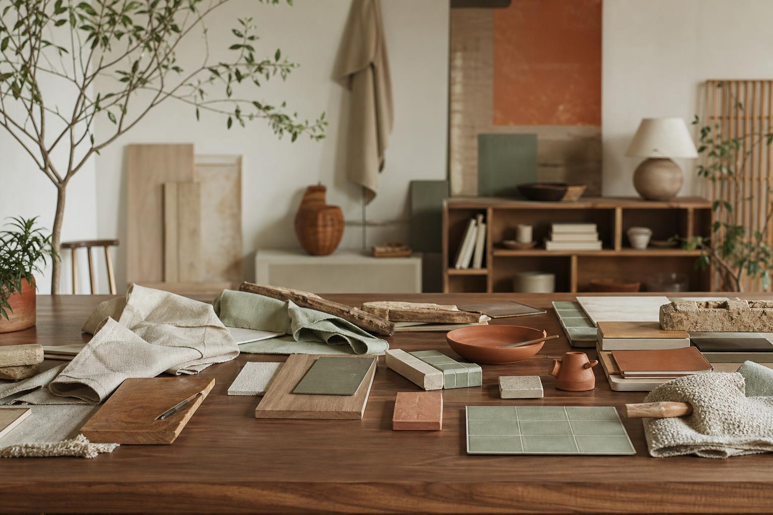 Atelier avec échantillons de matériaux d'ameublement sur table