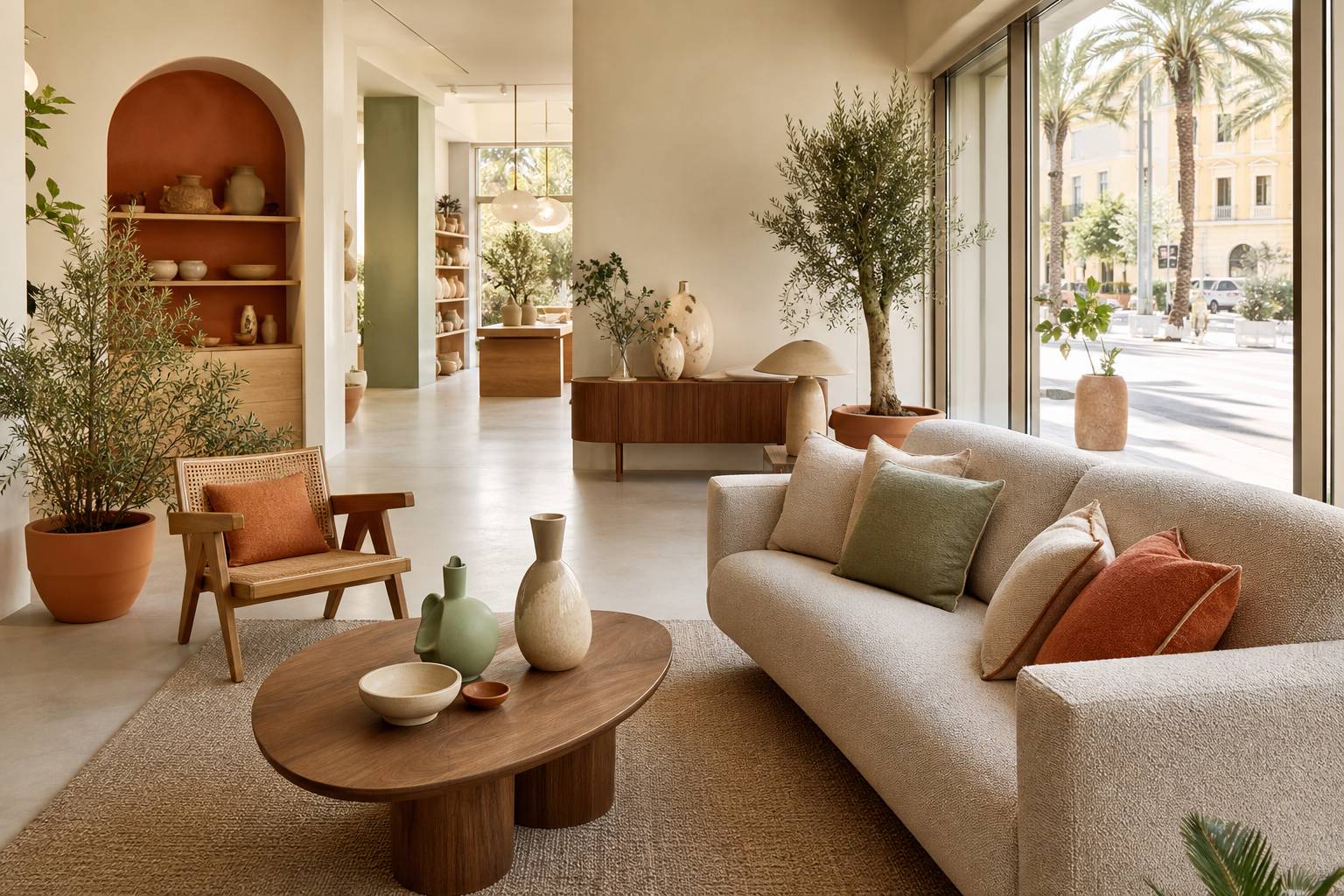 Interieur d une boutique de design a Cannes avec canape contemporain et plantes vertes
