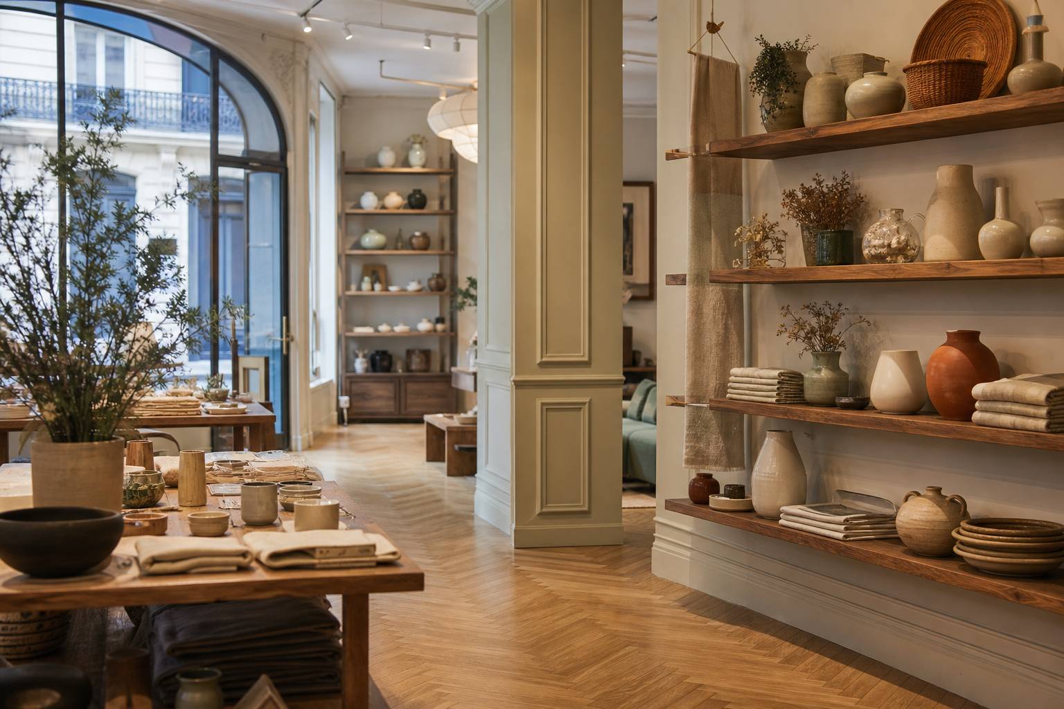 Boutique parisienne elegante avec vitrines et decoration interieure