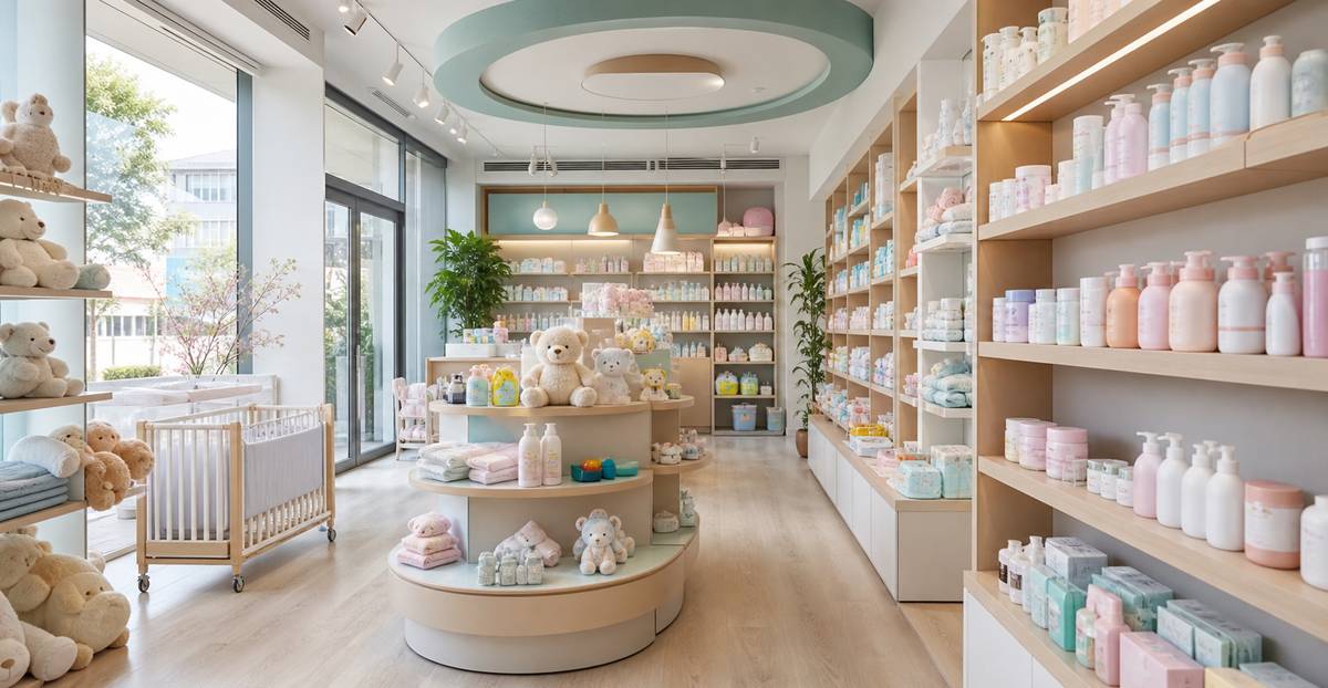 Vue large d une parapharmacie dédiée aux tout-petits avec produits de puériculture et décoration