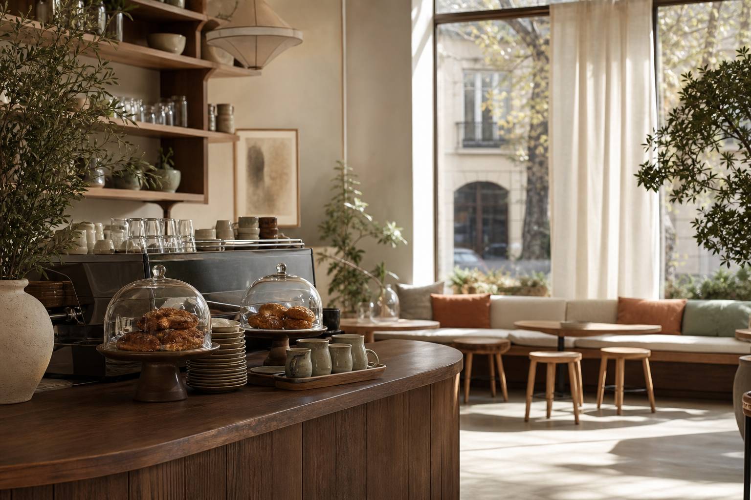 Intérieur chaleureux de café parisien avec comptoir en bois et pâtisseries