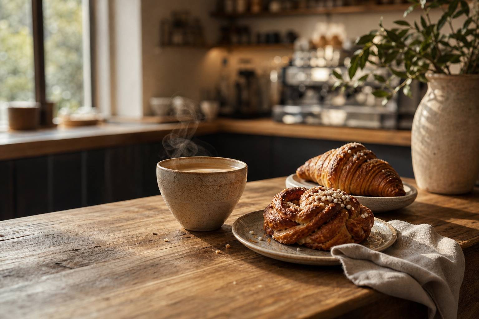 Comptoir en bois avec tasse de cafe fumante et viennoiseries maison