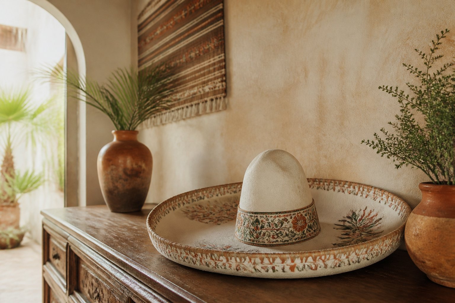 Chapeau Catrin mexicain décoré posé sur un meuble en bois patiné, ambiance intérieur traditionnel chic
