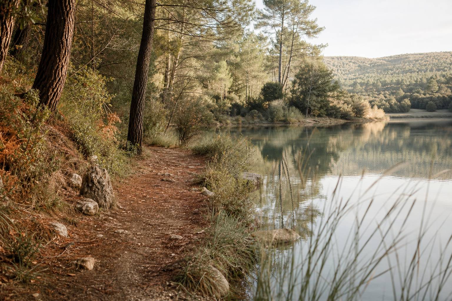 Sentier en bord d'étang traversant une zone boisée paisible, lumière filtrant à travers les arbres