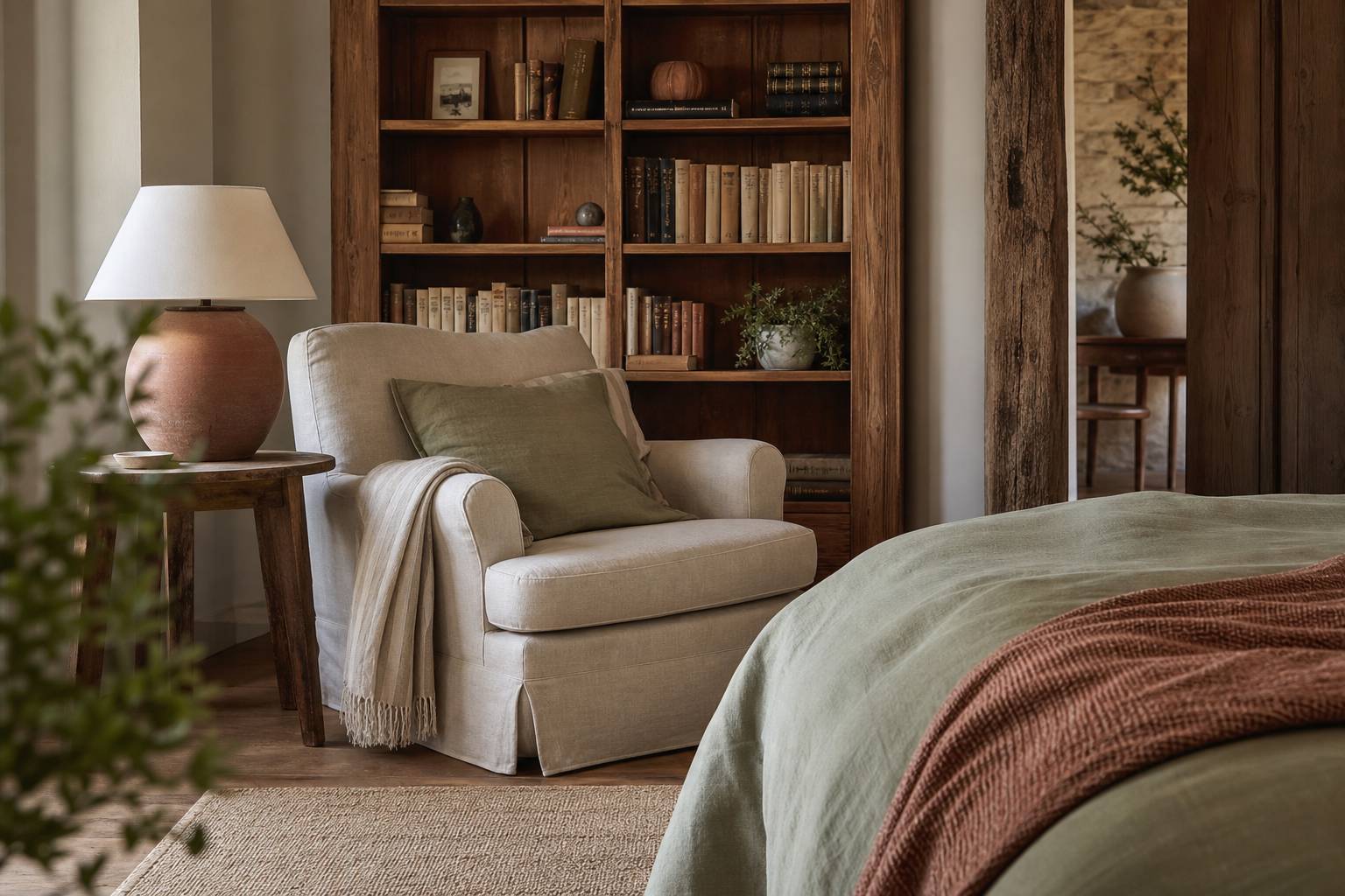 Coin lecture cosy dans une ferme française avec fauteuil confortable et lampe en céramique