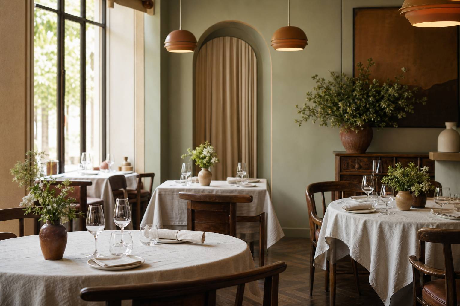restaurant parisien chic avec nappes blanches et ambiance gastronomique