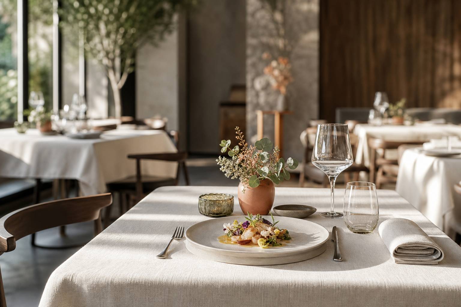 table dressée élégamment avec assiette gastronomique et verre à vin