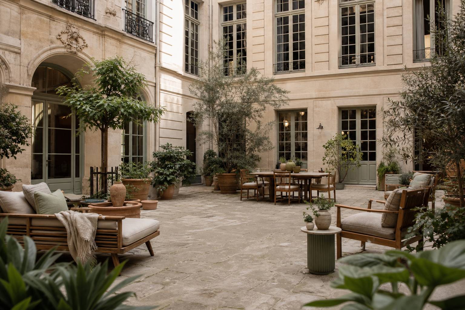 Cour intérieure hôtel particulier parisien architecture pierre fenêtres carreaux plantes vertes
