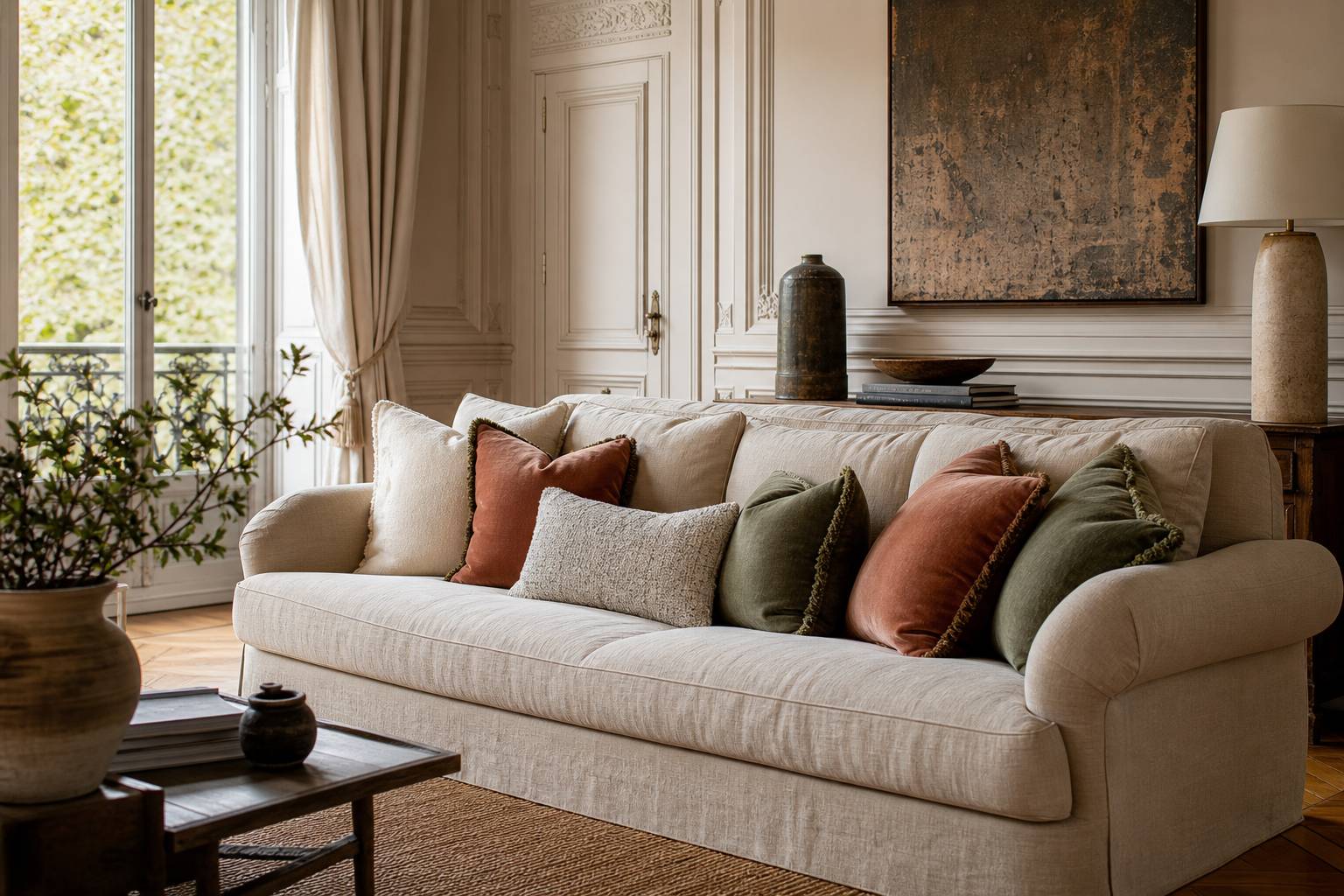 Coussins décoratifs en velours, lin et bouclette sur un canapé design, une décoration intérieure élégante et cosy pour le salon.