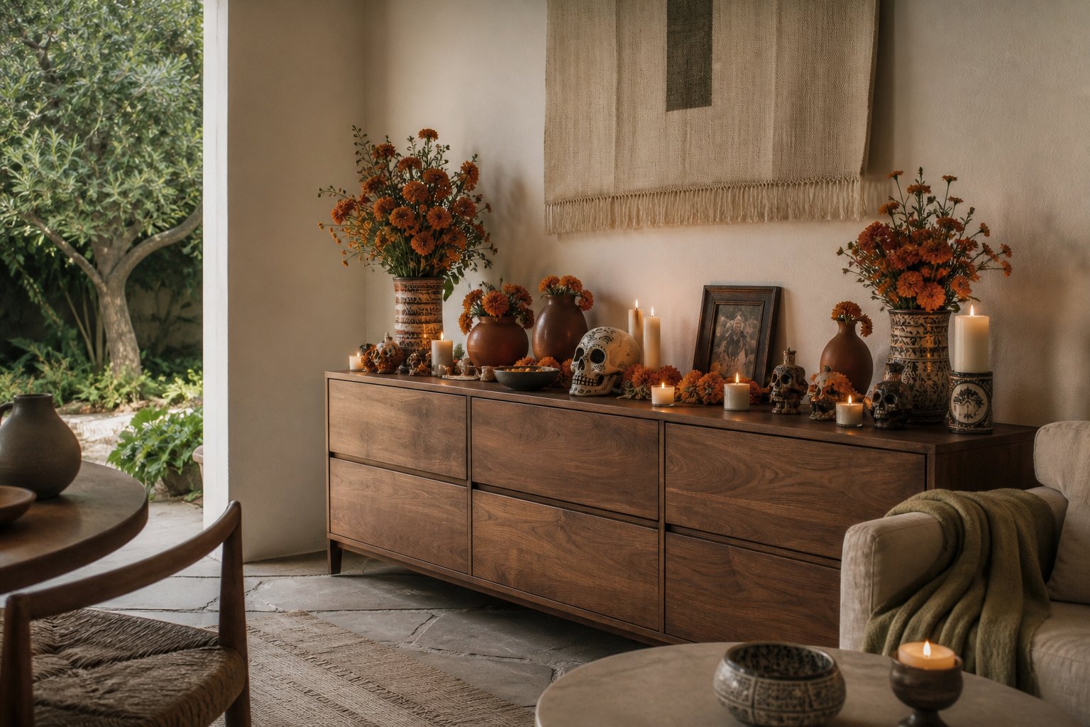 Decorations mexicaines du Jour des Morts avec fleurs orange et bougies sur commode en bois