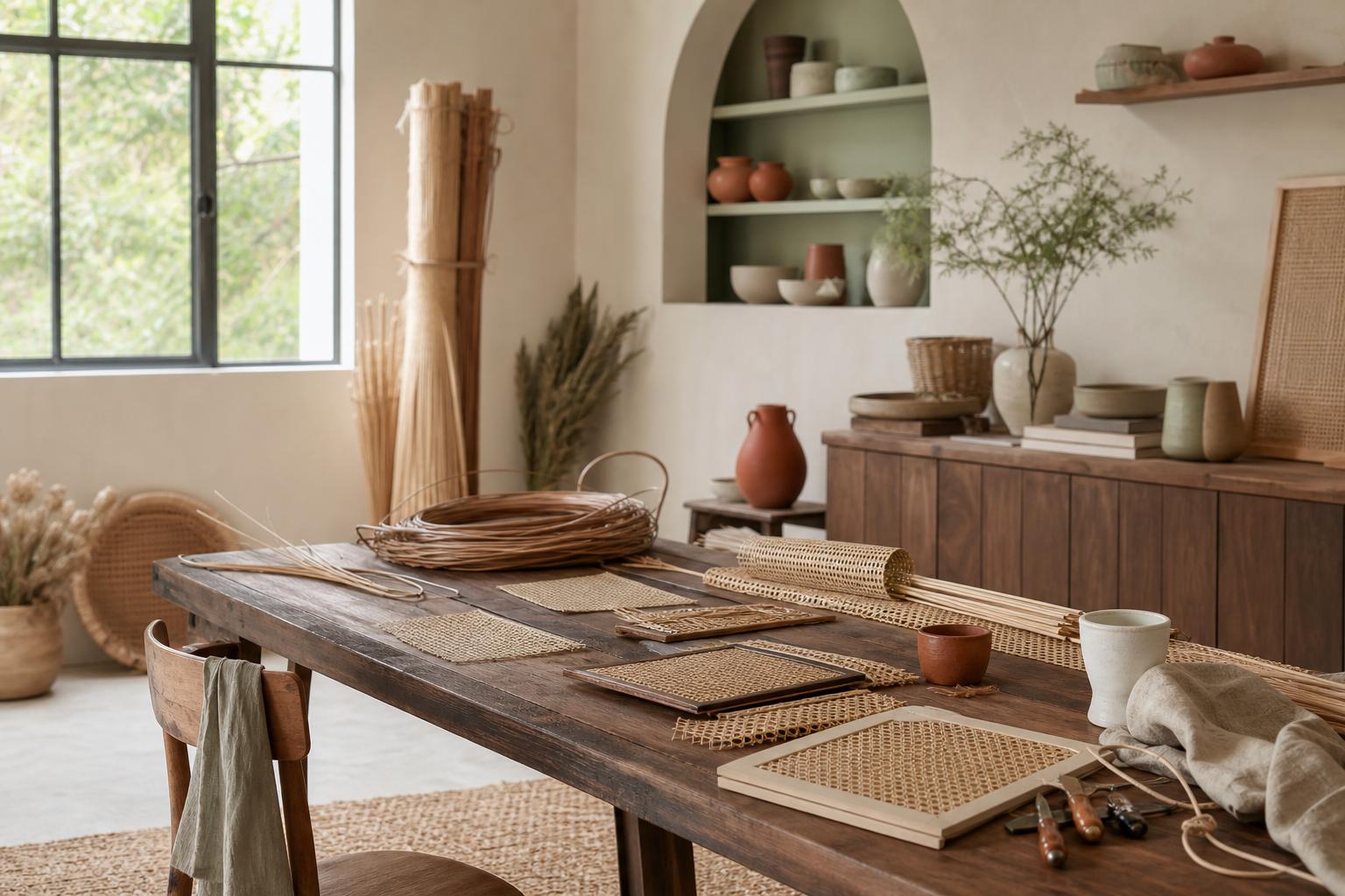 Atelier artisanal avec échantillons de cannage et paillage sur table en bois
