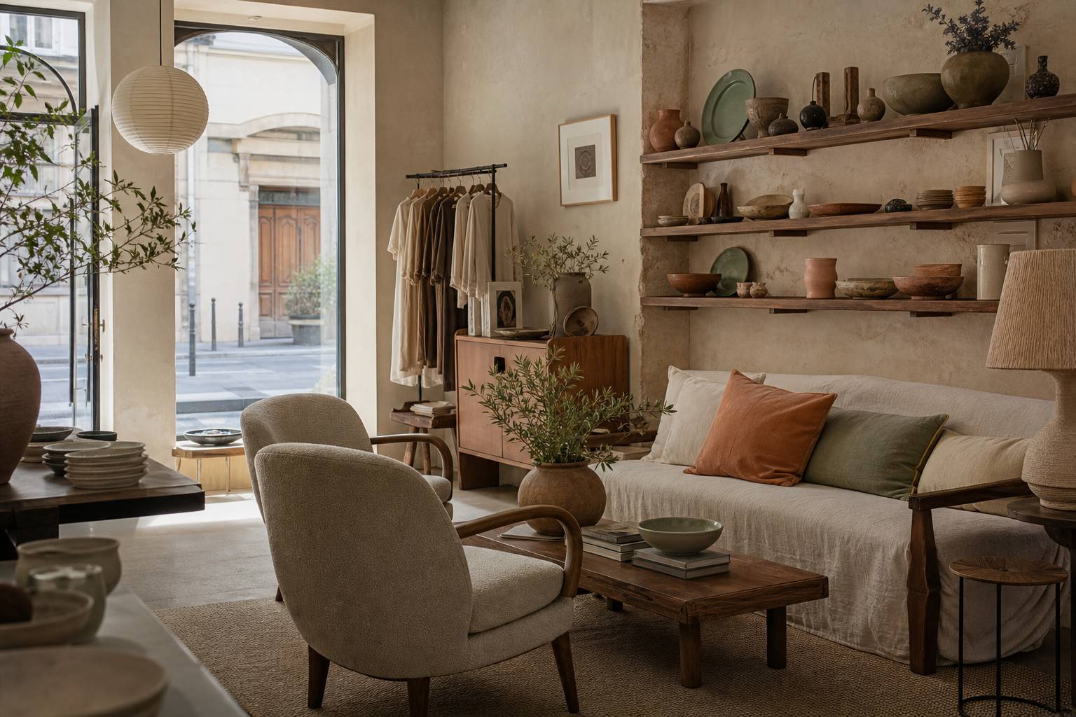 Intérieur de la boutique The Socialite Family avec pièces de mobilier curaté et décoration artisanale