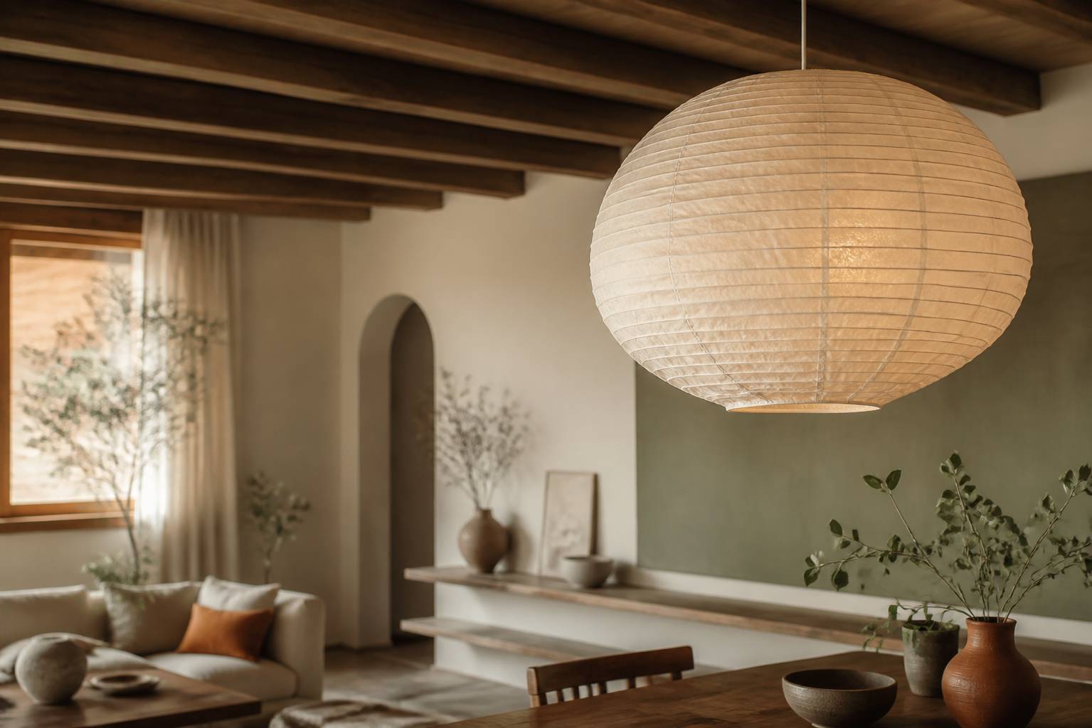 Suspension en papier de riz artisanale éclairant doucement un intérieur épuré scandinave