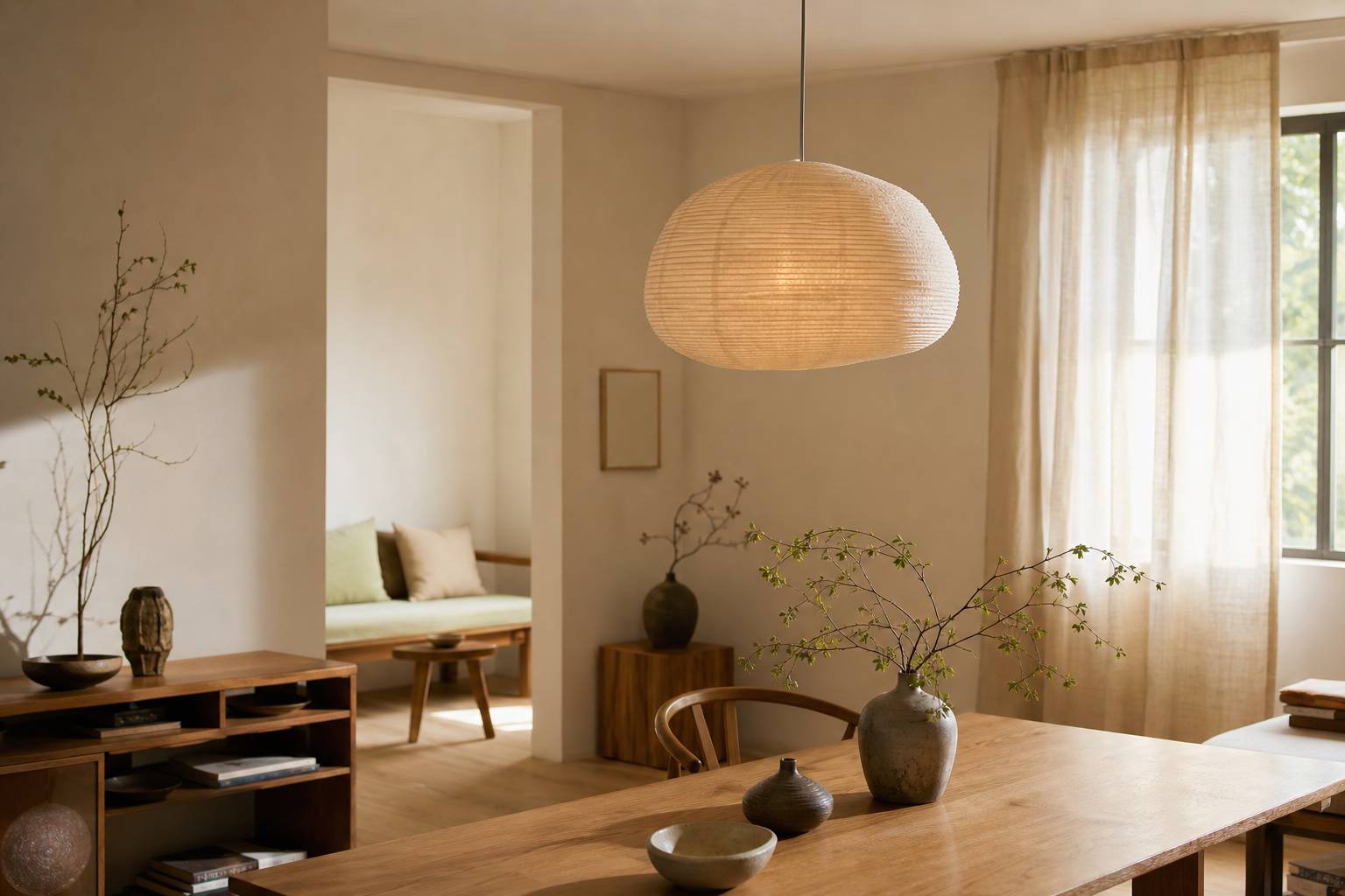 Lampe en papier design dans un intérieur scandinave minimaliste avec lumière tamisée et ambiance cosy