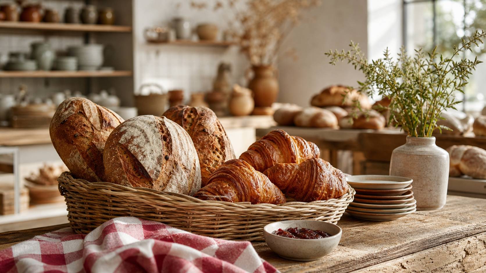 Panier en osier rempli de pains au levain et croissants sur comptoir de boulangerie