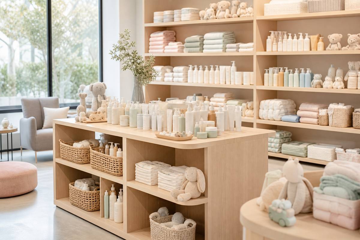 Intérieur lumineux d une parapharmacie moderne pour bébés avec produits de soin et jouets pastel