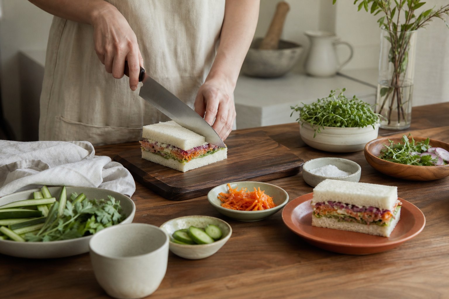 Mains preparant un sando japonais avec couteau et pain de mie epais