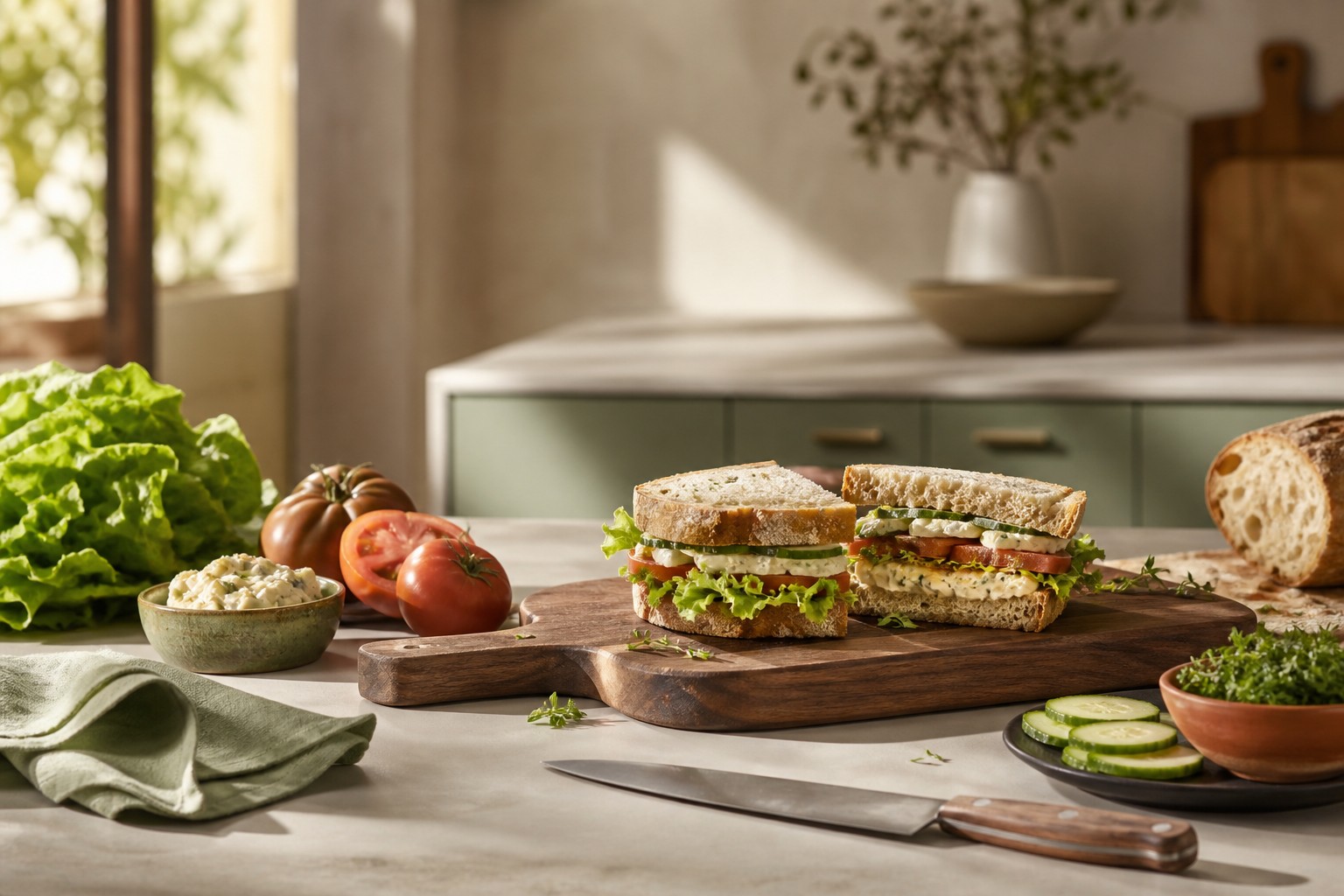 Plan de travail cuisine avec sando japonais ingredients frais et planche a decouper