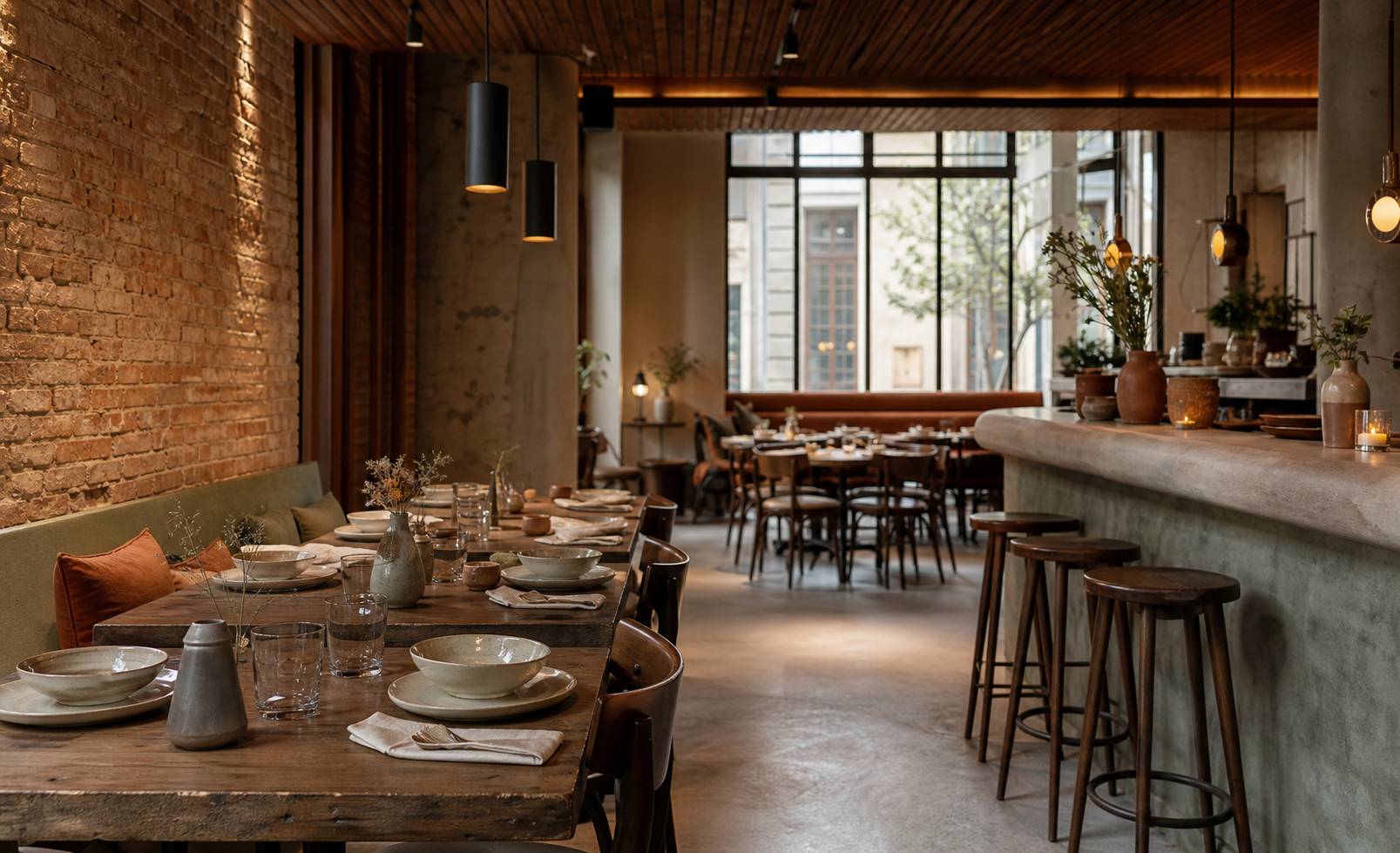 Restaurant parisien moderne, salle lumineuse aux murs brique et tables bois