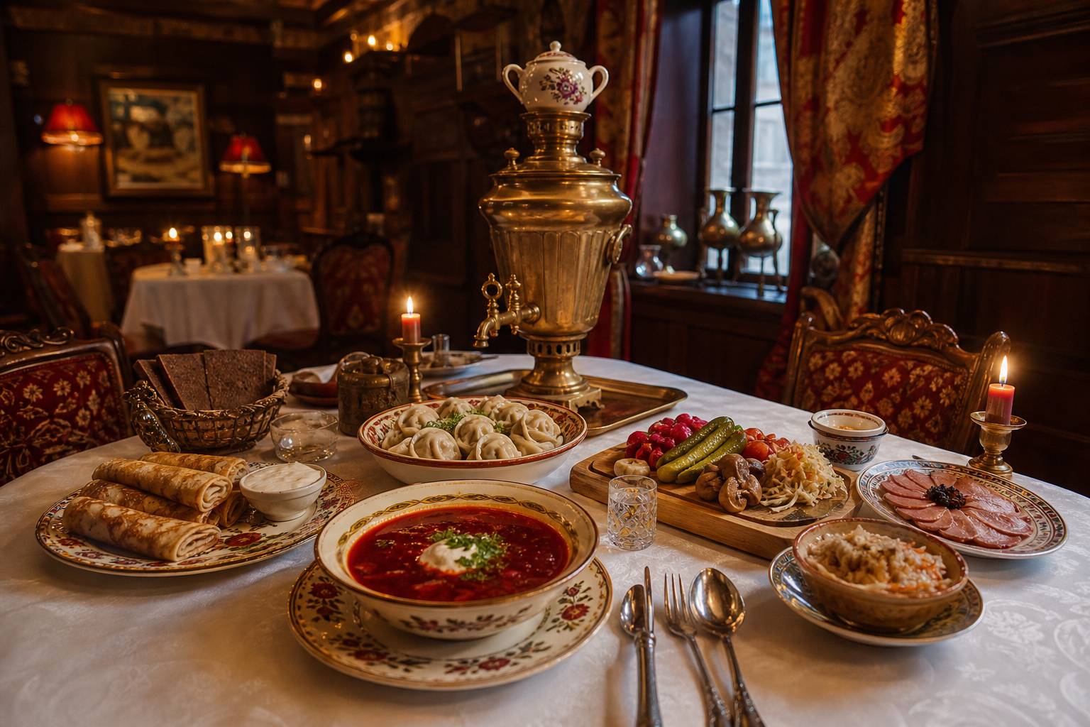 Interieur de restaurant russe avec table dressee et plats traditionnels pres d'un samovar