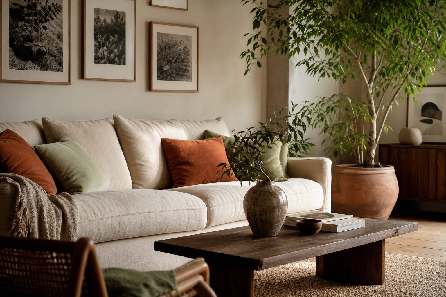 Coin salon cosy avec canapé lin beige et coussins terracotta dans un intérieur élégant
