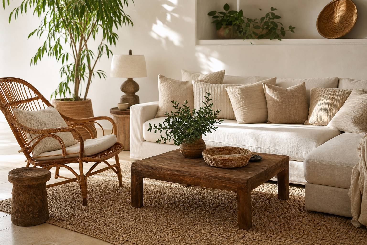Salon elegant avec fauteuil en rotin, table basse bois, plante verte et coussins beiges
