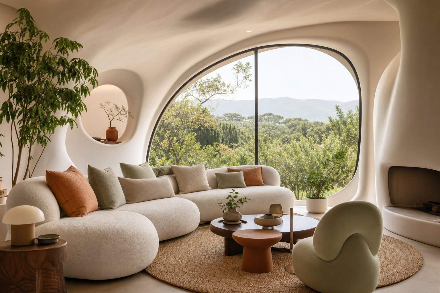 Salon aux murs courbes blancs canape design et baies vitrees dans maison bulle architecturale