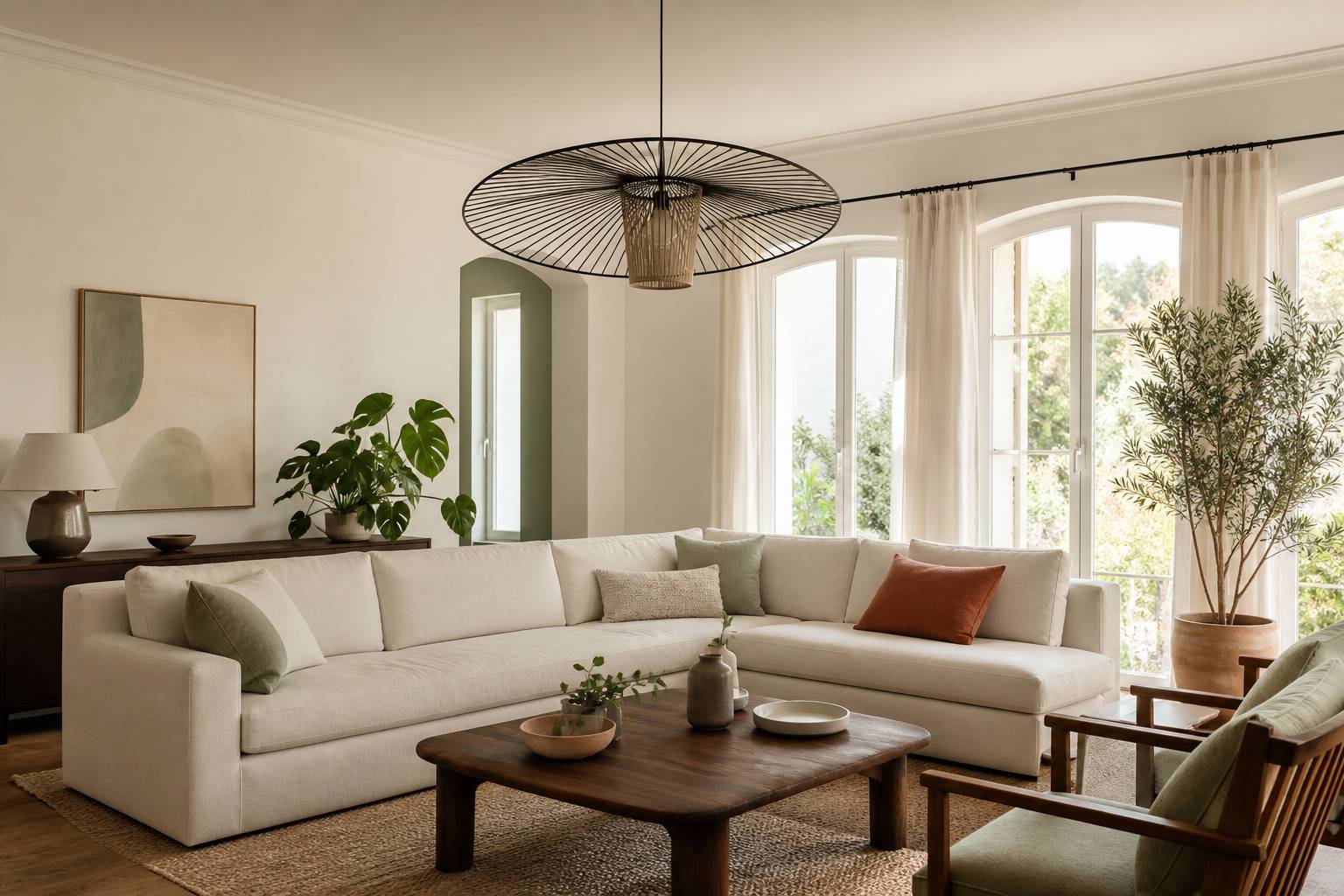 Suspension rotin metal design plafond salon lumineux