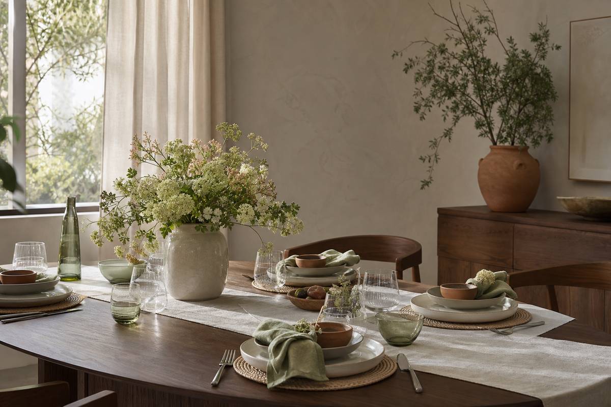 Table a manger en bois decoree avec vaisselle et fleurs pour un repas convivial