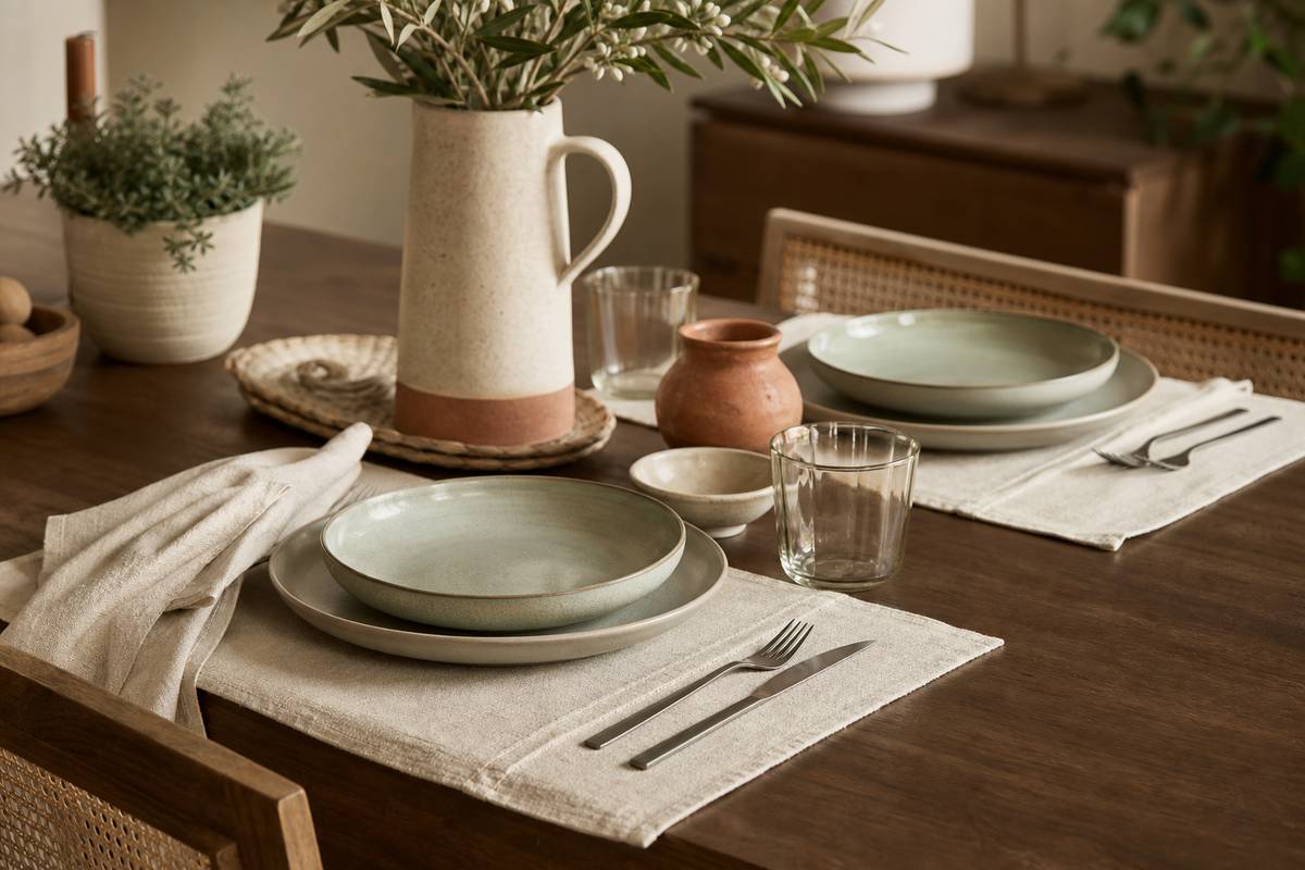 Vue large d une table a manger avec nappe couverts et elements de decoration