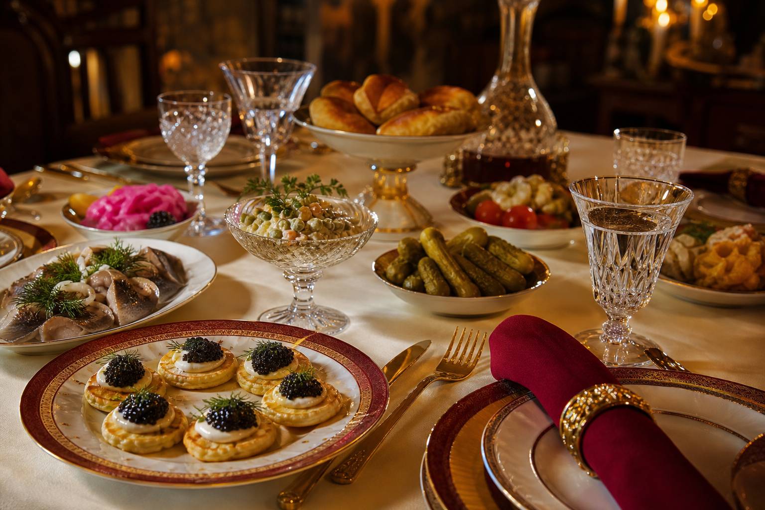Table elegante avec entrees russes traditionnelles et verres en cristal dans restaurant