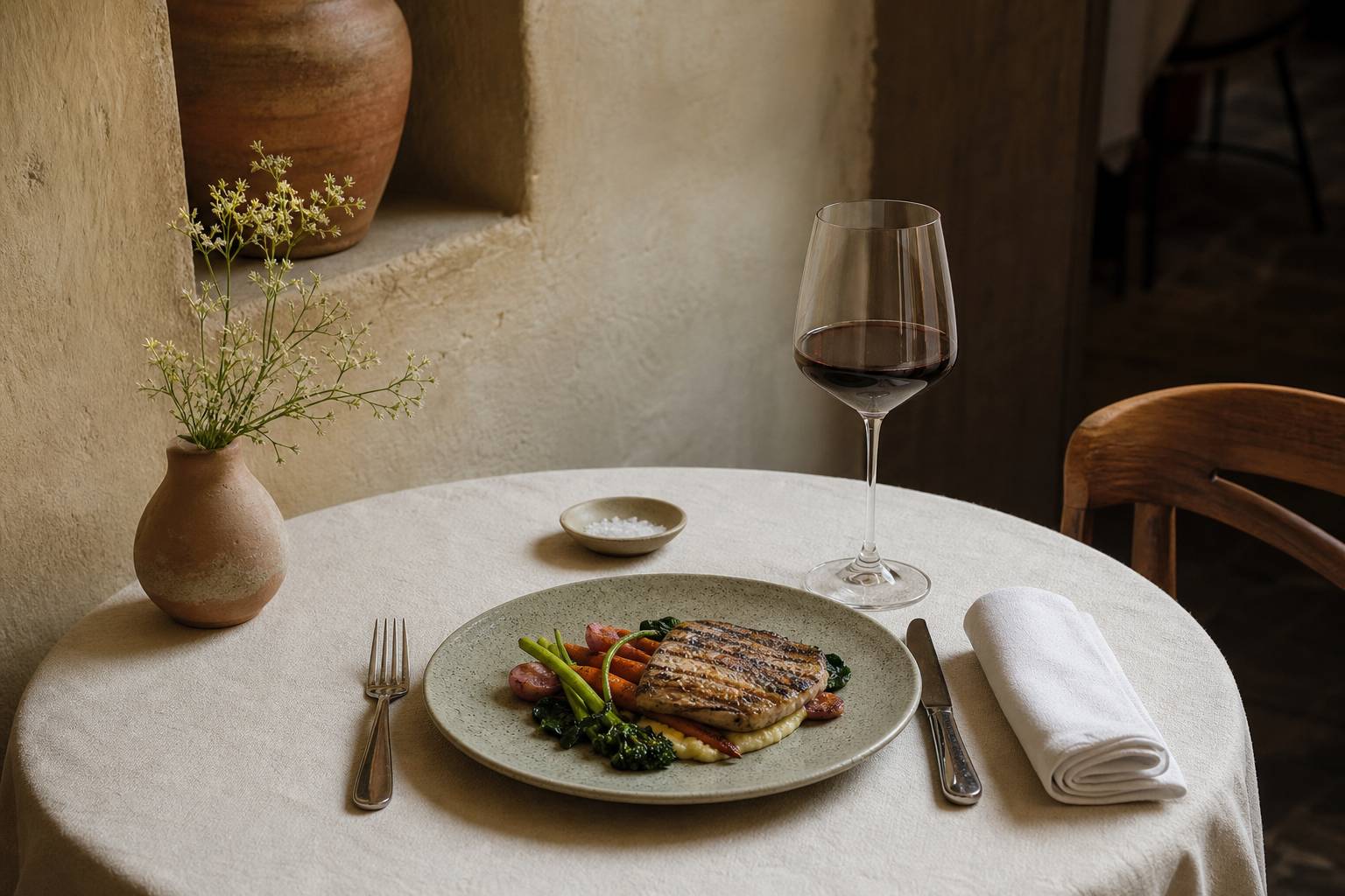 Table de restaurant dressée avec assiette gastronomique et verre de vin