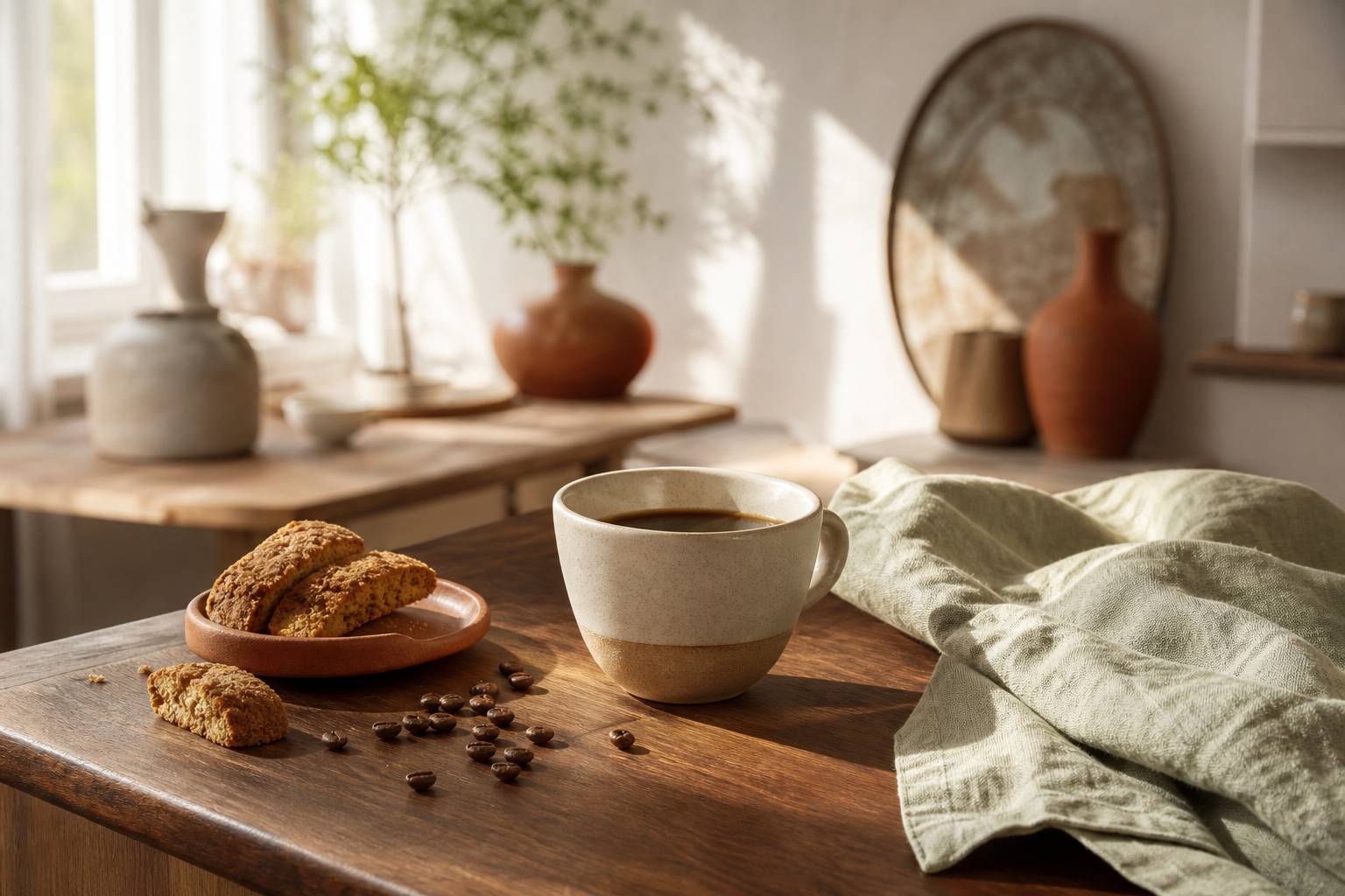 Tasse de café filtre avec biscotti et grains sur comptoir en bois