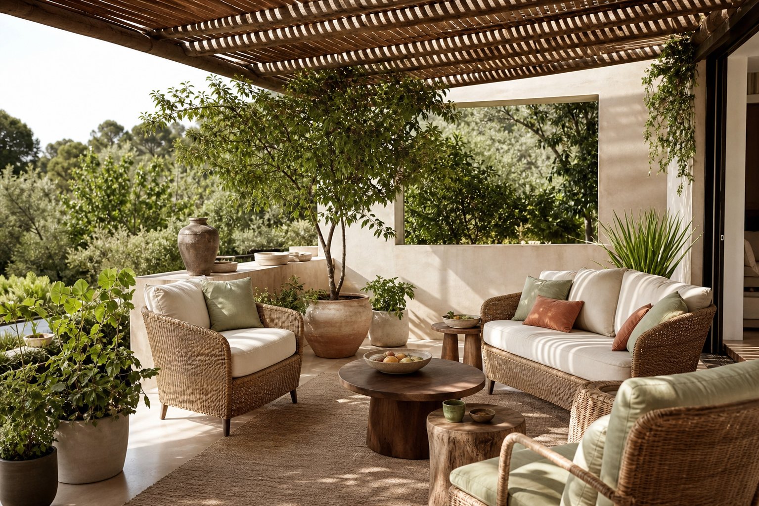 Terrasse ombragee avec coussins d'exterieur en tissu technique sur fauteuils en osier et plantes vertes