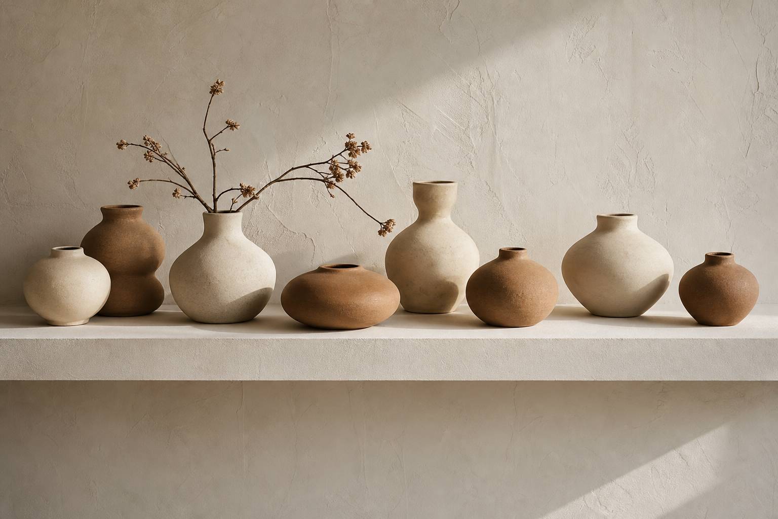 Vases ceramique Rotondo tons argile sur etagere blanche decoration