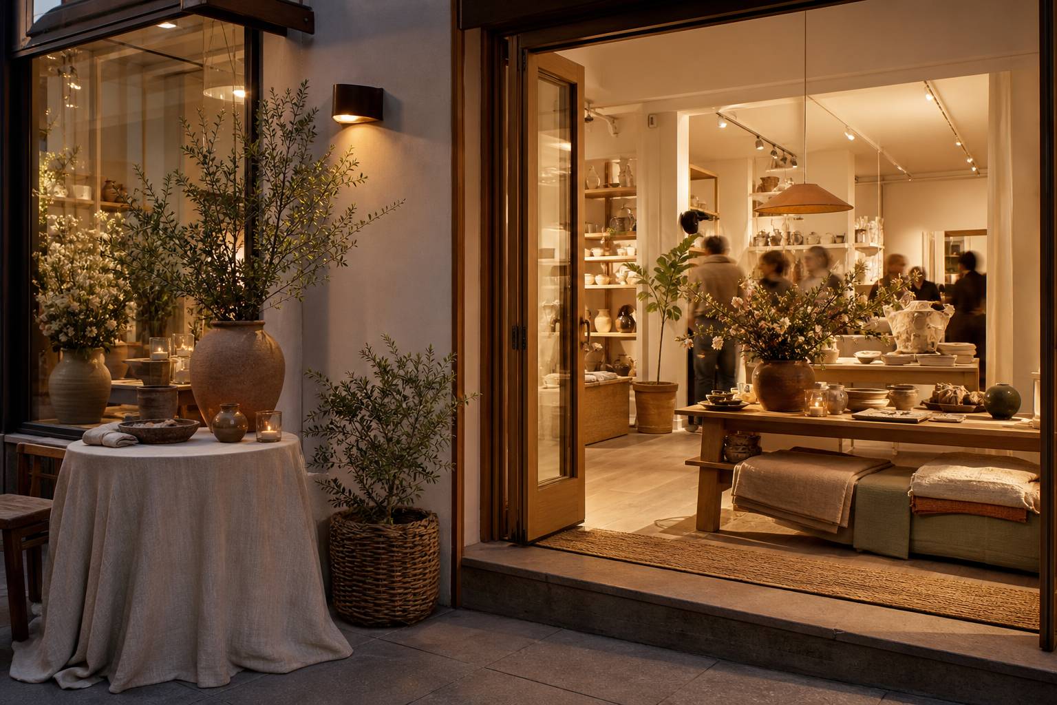 Vitrine de la boutique Freia mise en lumière avec plantes vertes et présentation artisanale