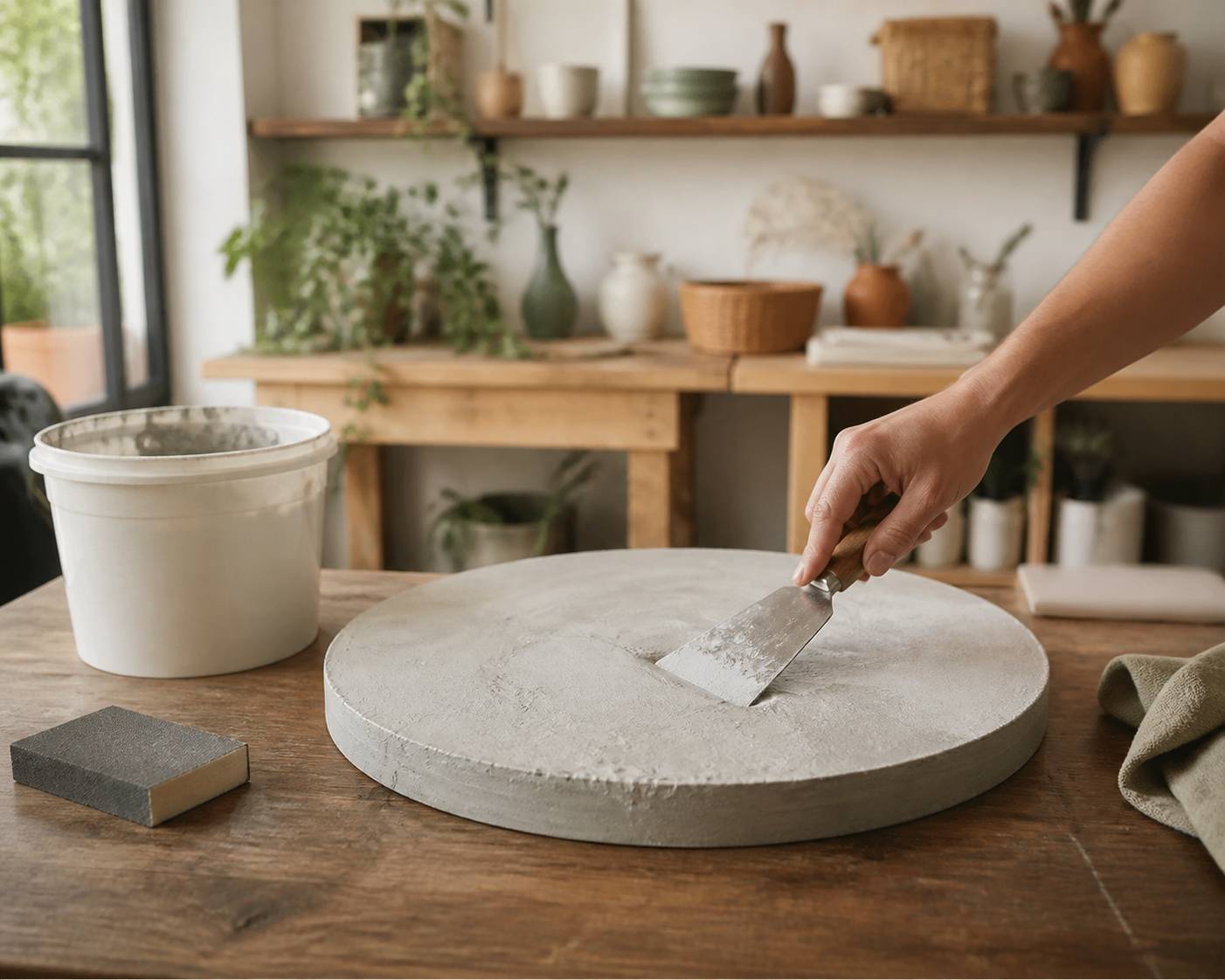 Main appliquant un enduit effet béton sur un plateau rond avec spatule