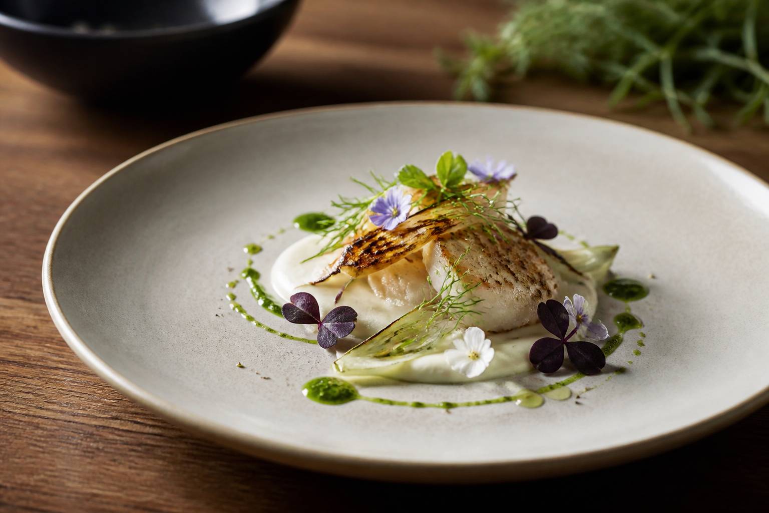 Assiette gastronomique dressée avec herbes et fleurs comestibles