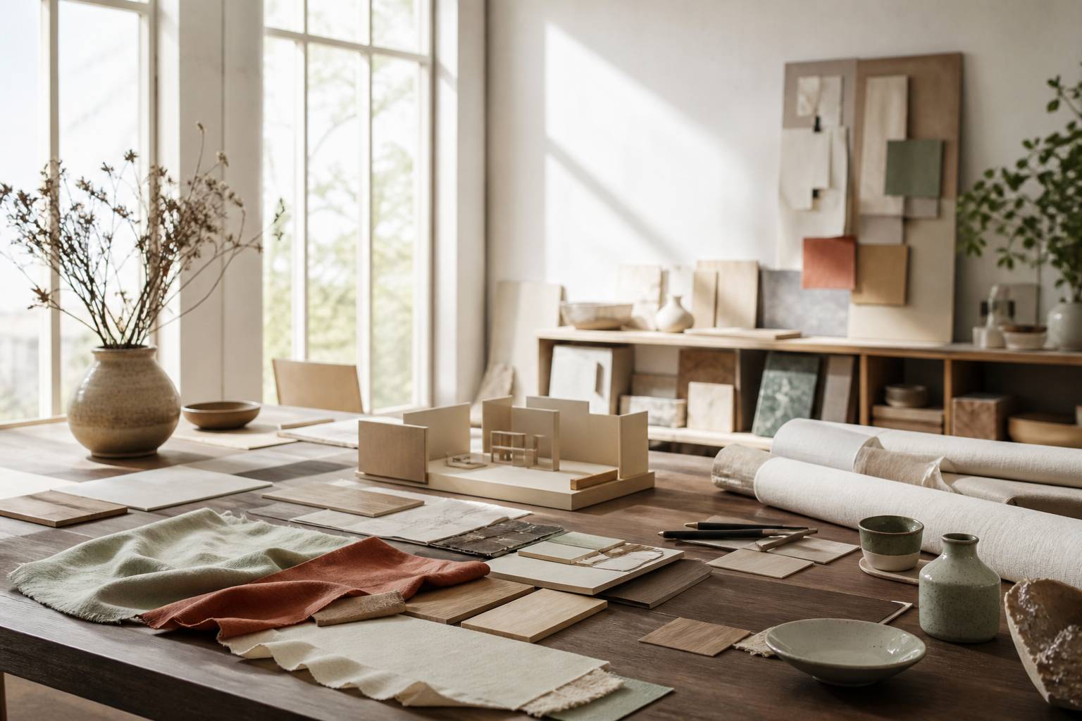 Atelier de designer avec échantillons de bois et maquettes