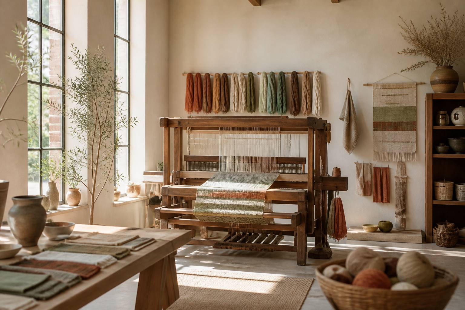 Atelier de tapisserie avec un métier à tisser et des fils colorés