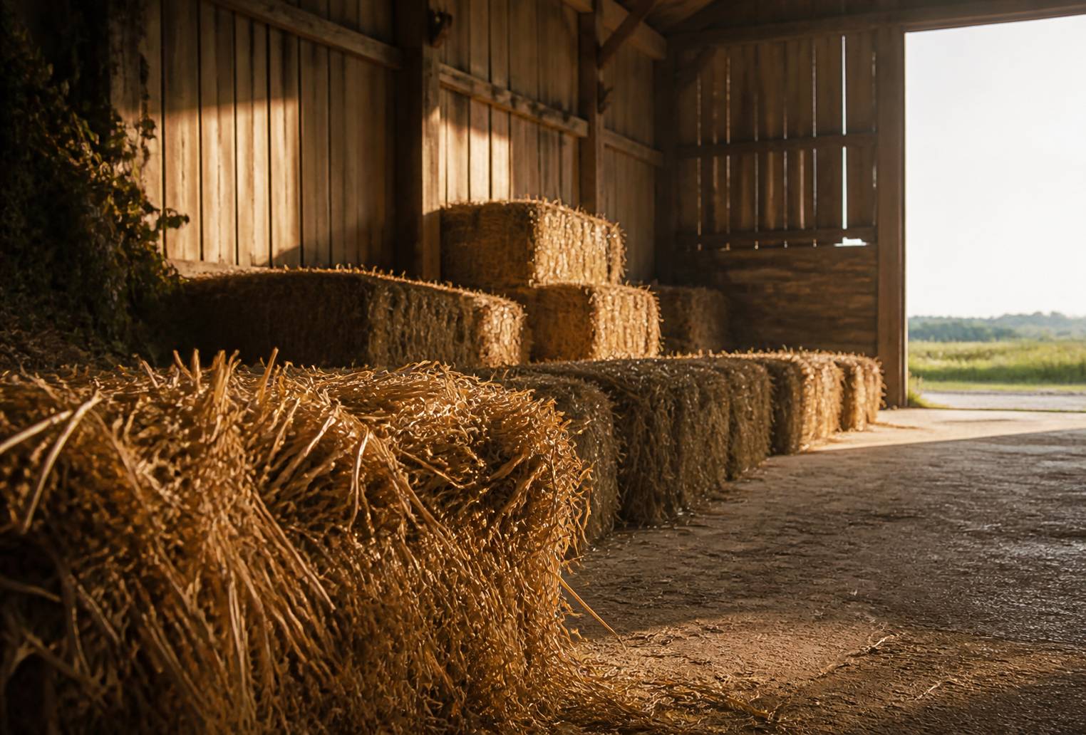 Bottes de paille et de foin dorés alignées dans une écurie lumineuse