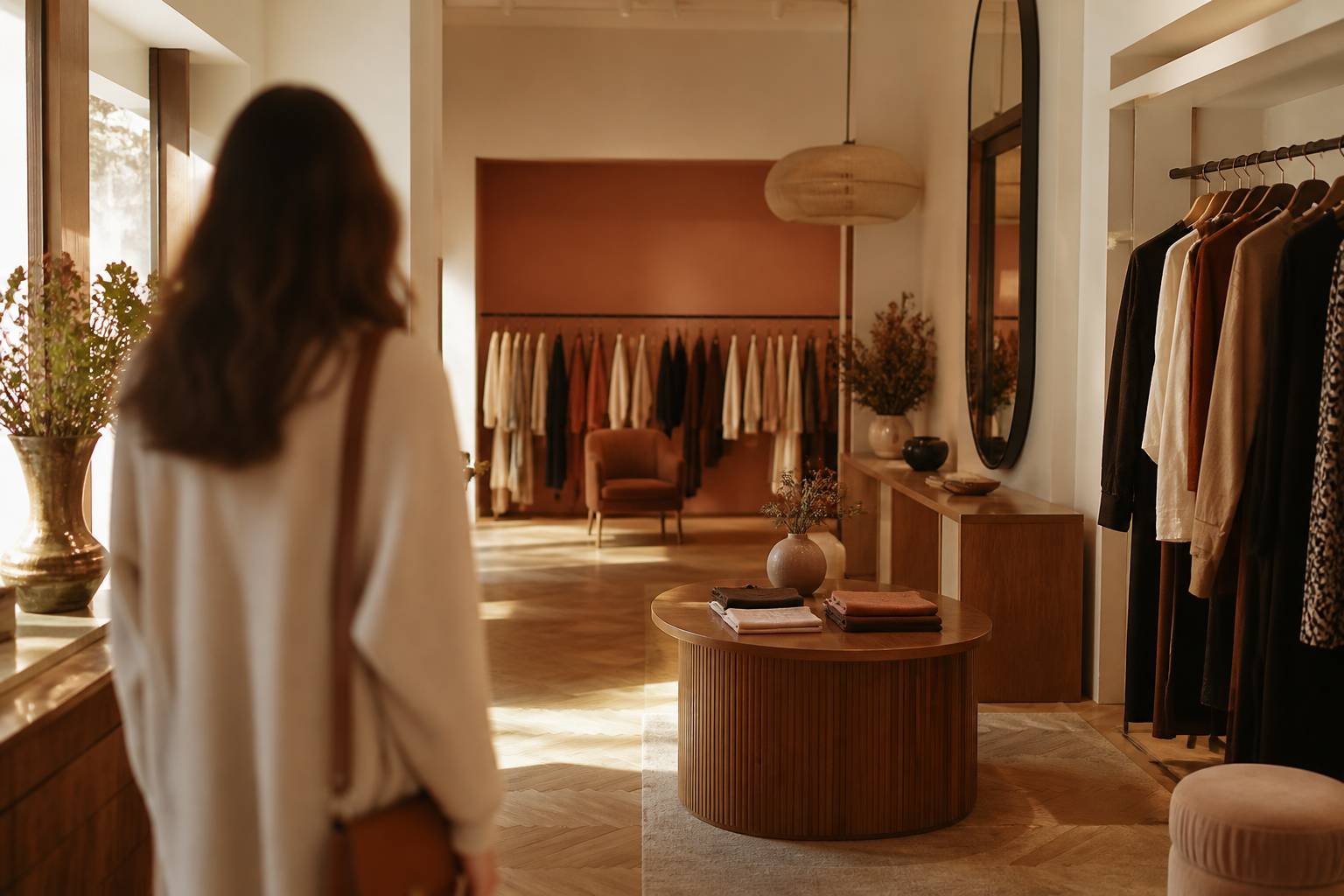 Intérieur d'une boutique de mode avec portants et mobilier en bois