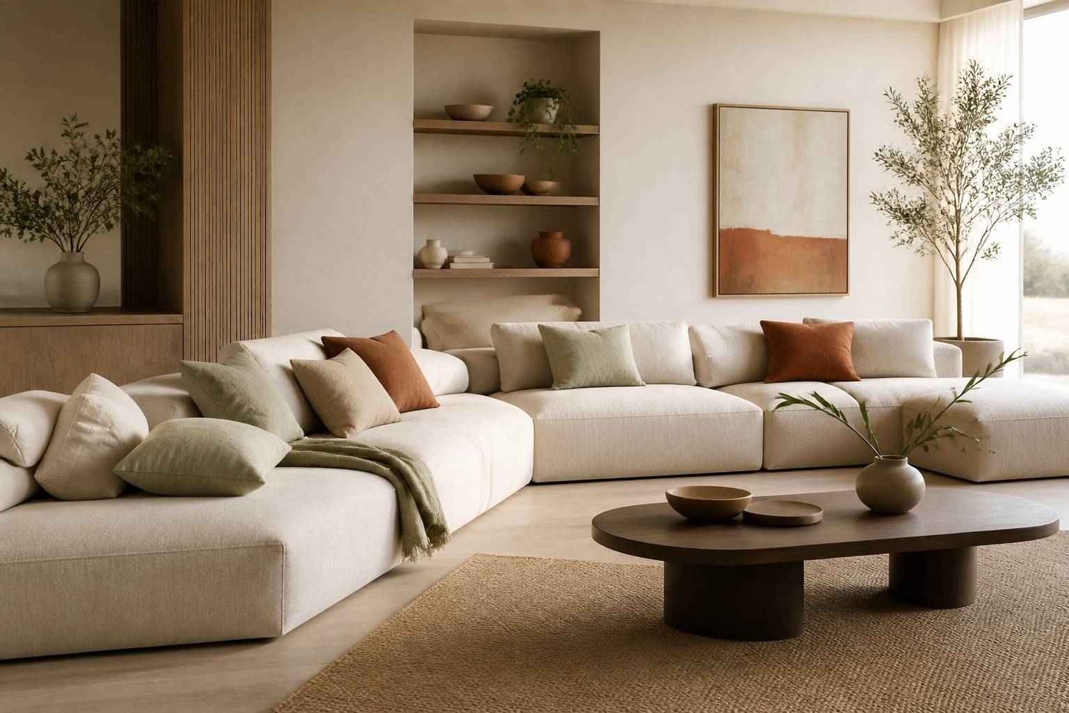 Canapé modulable beige composé de modules dans un salon clair