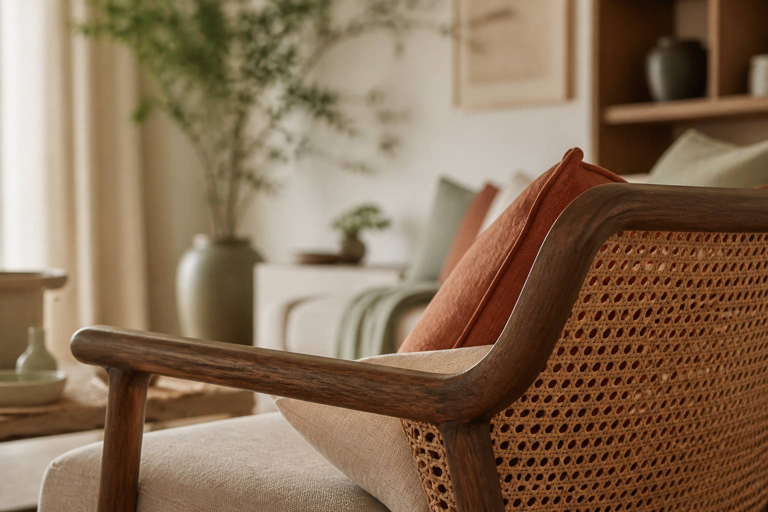 Détail du cannage tressé d'un fauteuil coloré avec coussins chaleureux
