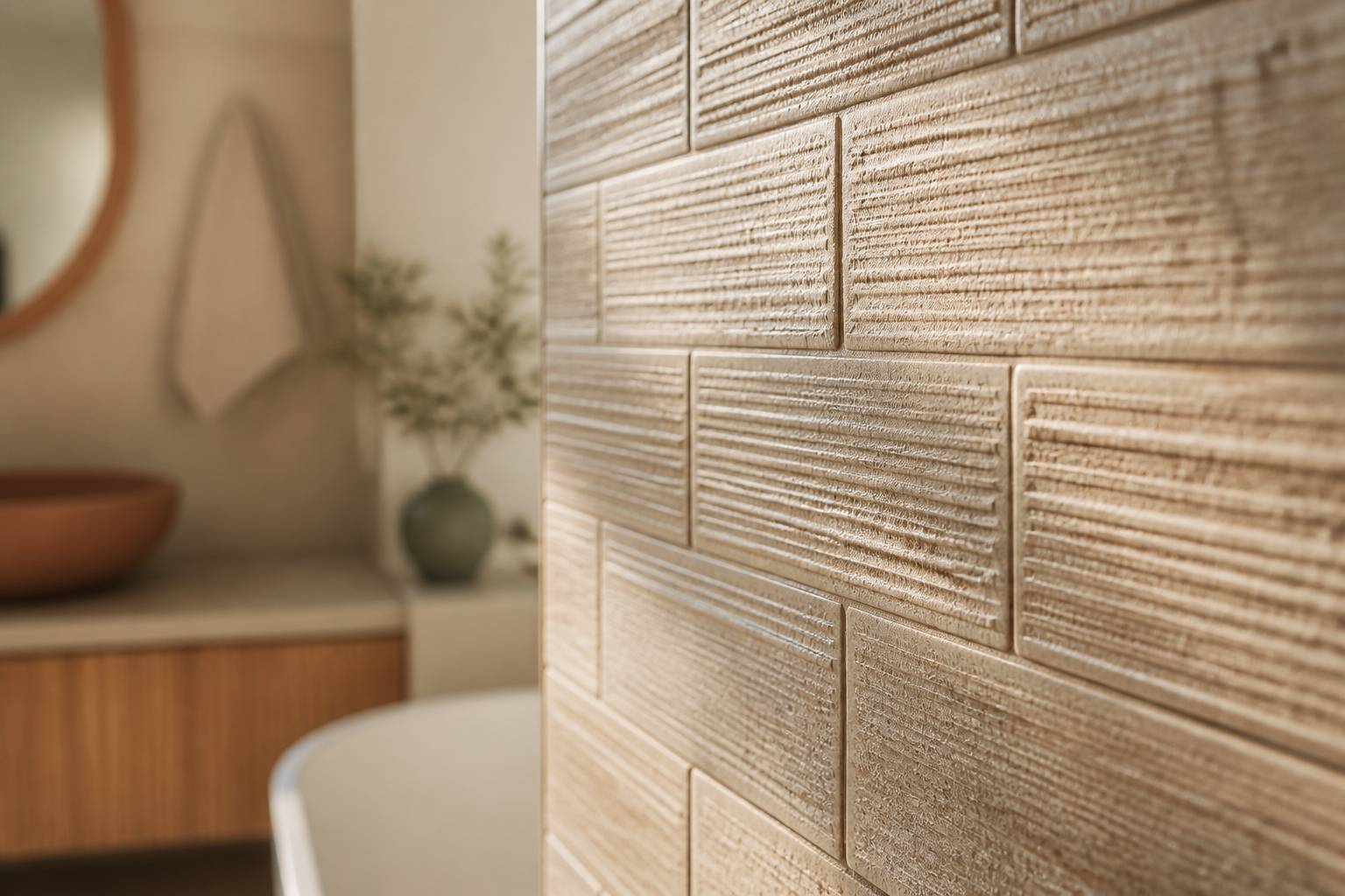 Gros plan sur la texture en relief d'un carrelage beige structuré