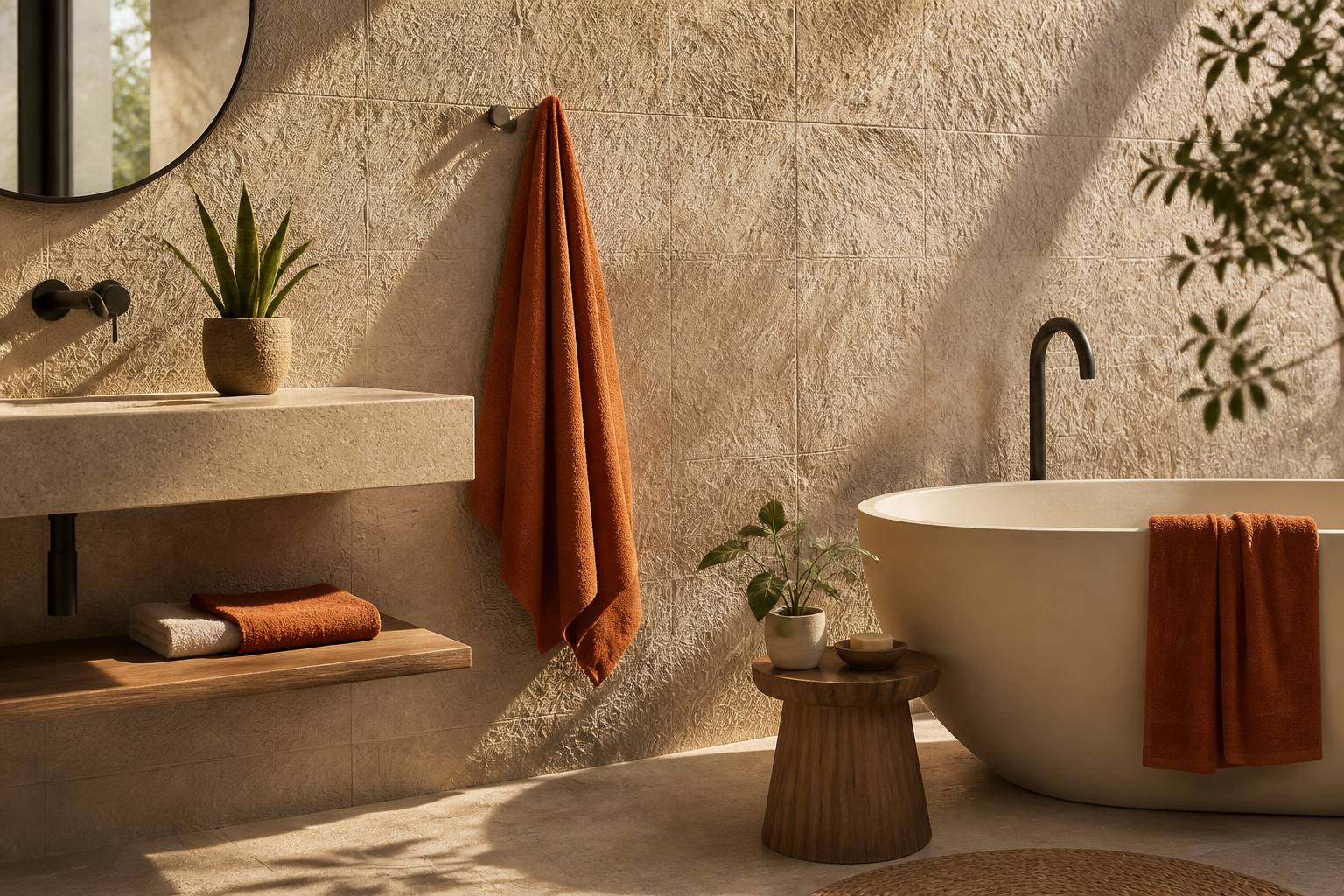 Mur et sol de carrelage texturé en relief dans une salle de bain contemporaine