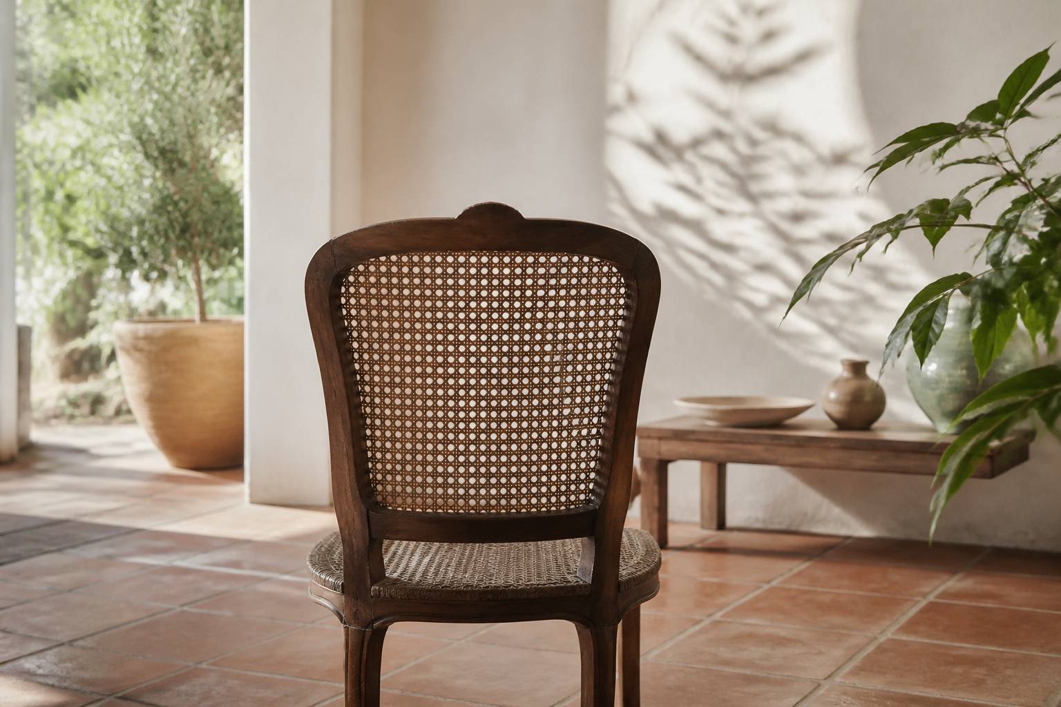 Dossier d'une chaise cannée sur un carrelage en terre cuite