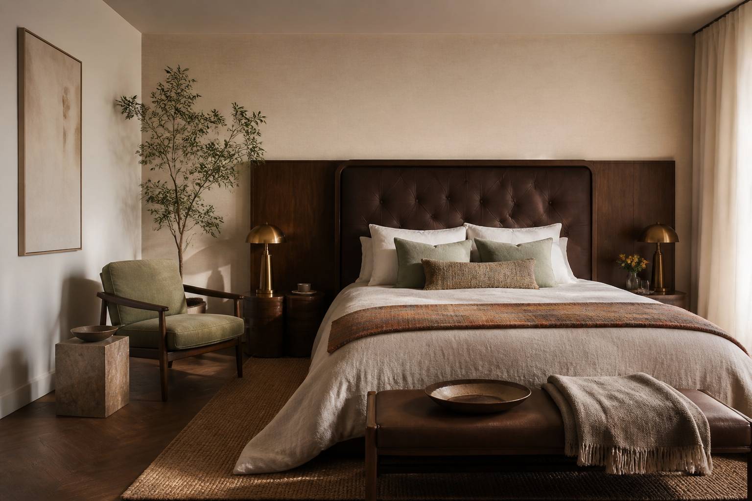 Chambre d'hôtel élégante avec tête de lit capitonnée et lampe en laiton